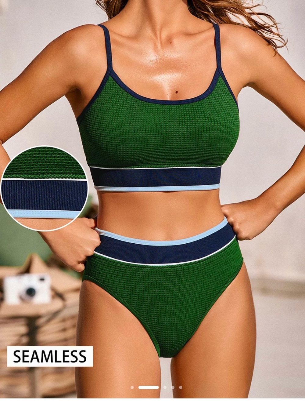 Cupshe Green Textured High-Waist Bikini with Navy & Light Blue Trim
